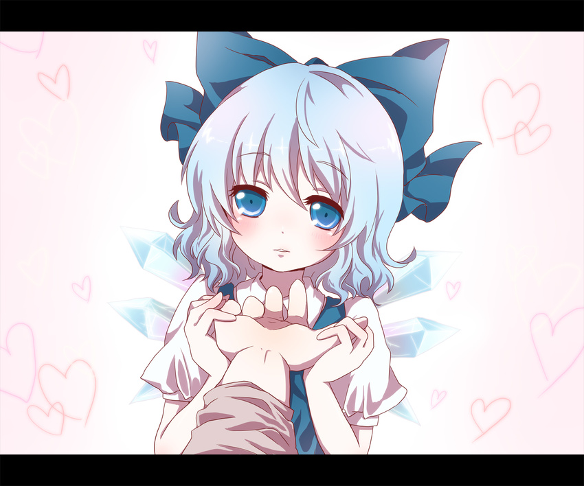 bad_id bad_pixiv_id blue_eyes blue_hair cirno hands highres kuromame_(8gou) letterboxed looking_at_viewer out_of_frame pov pov_hands short_hair solo_focus touhou