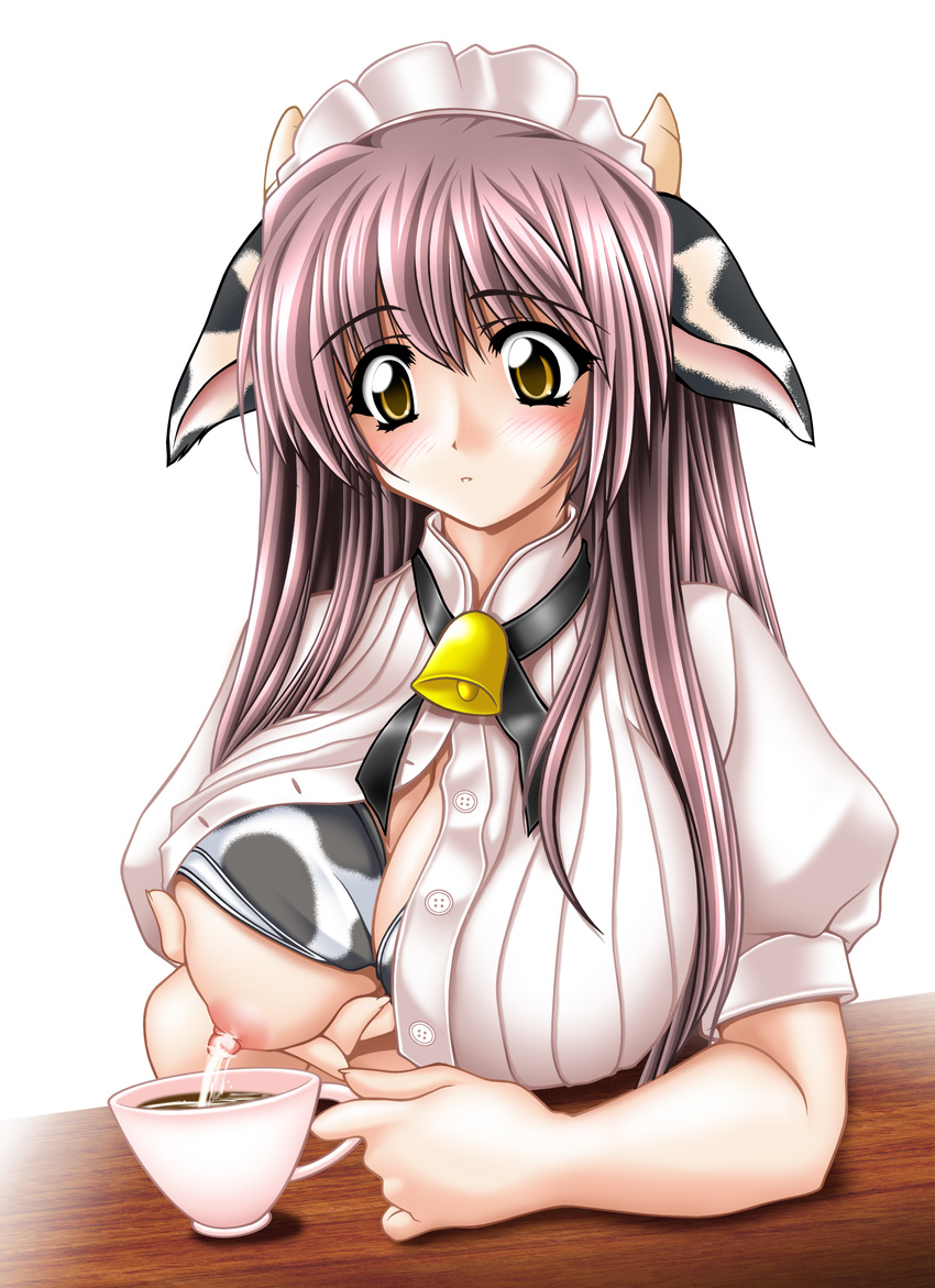 bra breast_grab breast_milk cleavage coffee cow cow_bell cow_bra erect_nipples kemonomimi lactation looking_down milk_squirt milking nipples open_shirt sea_lounge_garden sky_lounge_garden white_bra yellow_eyes