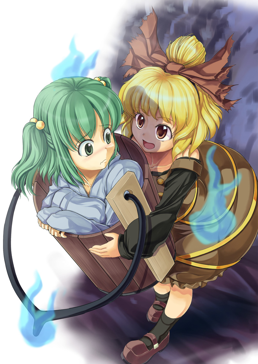 bad_id bad_pixiv_id blonde_hair brown_eyes bucket carrying green_eyes green_hair hair_bobbles hair_ornament highres hitodama in_bucket in_container kisume kurodani_yamame looking_back mary_janes moss_(sphere211) multiple_girls shoes smile touhou wavy_mouth wooden_bucket