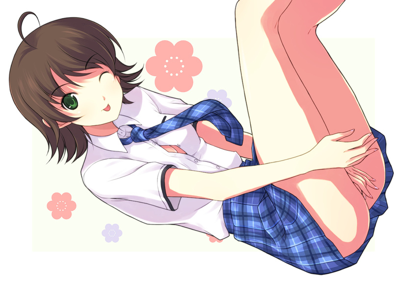 :p ahoge awakened_miki bad_id bad_pixiv_id between_legs breasts brown_hair cleavage green_eyes hoshii_miki idolmaster idolmaster_(classic) medium_breasts necktie no_bra one_eye_closed onion_(lemlaml) plaid plaid_skirt rough_time_school school_uniform short_hair skirt smile solo tongue tongue_out