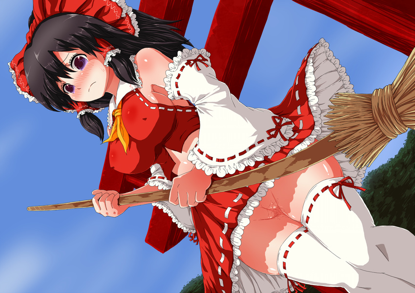 bare_shoulders black_hair blush bow breasts broom commentary_request covered_nipples detached_sleeves dutch_angle from_below hair_bow hair_tubes hakurei_reimu large_breasts long_hair n_(dai_n_honpo) no_panties purple_eyes pussy pussy_juice solo thighhighs torii touhou uncensored upskirt white_legwear