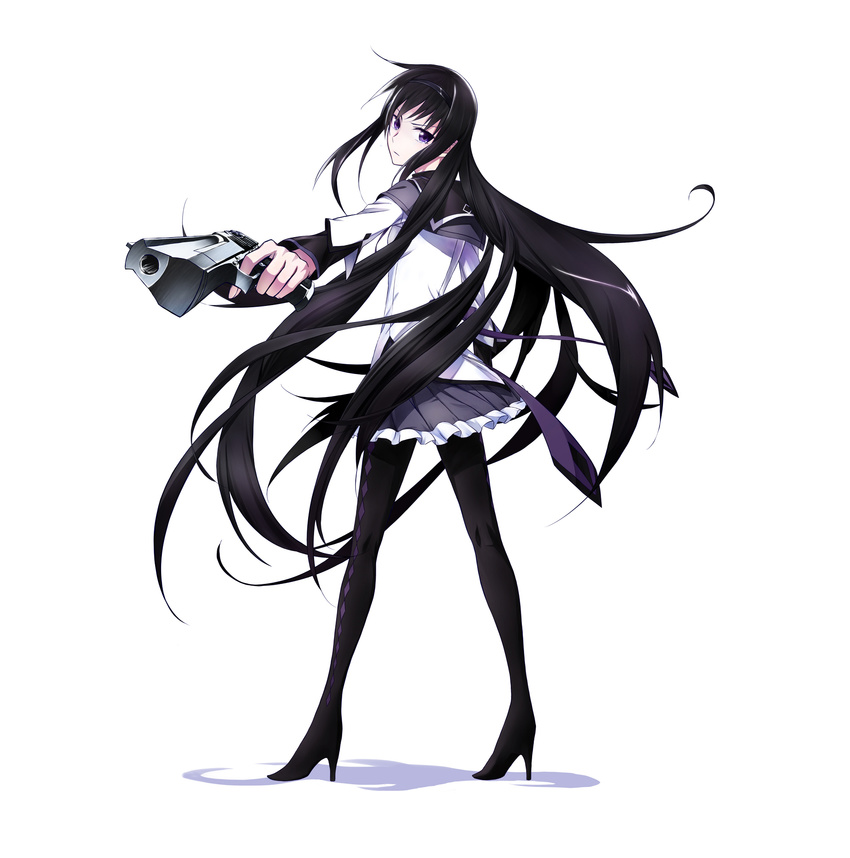 aiming akemi_homura argyle argyle_legwear azmodan bad_id bad_pixiv_id black_hair black_legwear desert_eagle foreshortening from_behind full_body gun hairband handgun high_heels highres long_hair looking_back magical_girl mahou_shoujo_madoka_magica outstretched_arm pantyhose pistol pleated_skirt purple_eyes ribbon shoes simple_background skirt solo standing tears very_long_hair weapon