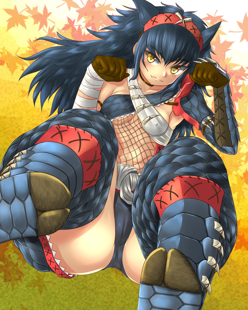 armlet armor blue_hair blush boots breasts cameltoe collarbone covered_nipples fang fishnets gauntlets gloves hairband highres leaf long_hair medium_breasts monster_hunter monster_hunter_portable_3rd nargacuga_(armor) paw_pose pt@i solo underboob yellow_eyes
