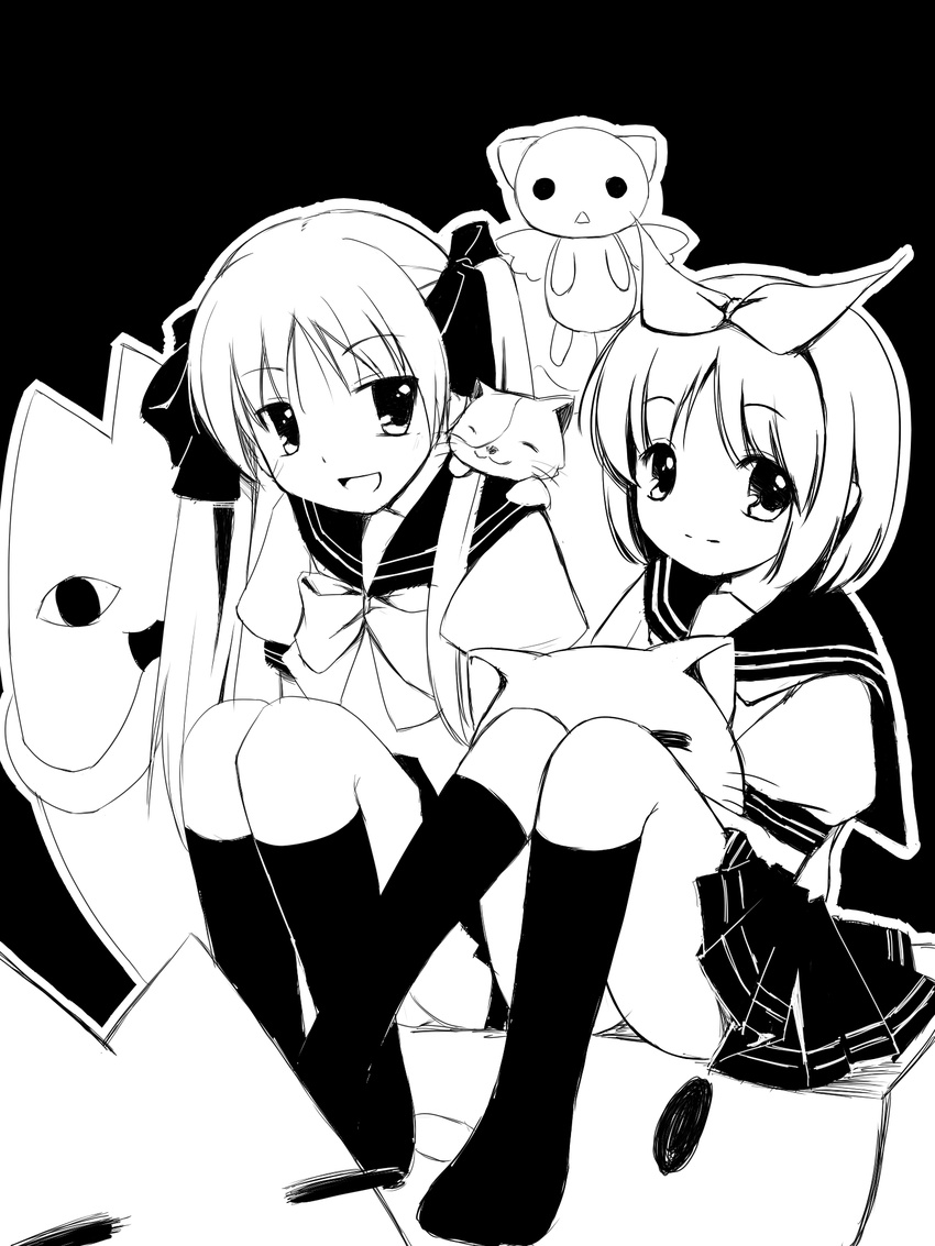 cat greyscale high_contrast highres hiiragi_kagami hiiragi_tsukasa lucky_star monochrome multiple_girls nekito