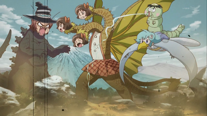 chapeauji dororon_enma-kun enma-kun film_grain fudou_harumi godzilla godzilla_(series) hat kaijuu kappaeru king_ghidorah monster mothra mount_fuji movie no_humans parody rodan screencap silk skirt tail wings yukiko_hime