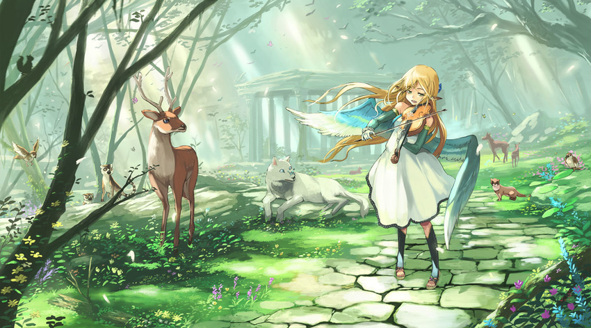 angel_wings animal bird blonde_hair bow_(instrument) bug butterfly day deer flower igarashi_youhei insect instrument lemur long_hair meadow music original path playing_instrument pointy_ears road sandals scenery solo squirrel sunlight tree violin wings wolf