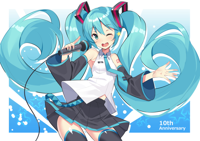 1girl ;d anniversary arms_at_sides bare_shoulders black_skirt blue_background blue_eyes blue_hair blue_nails blue_neckwear breasts cowboy_shot detached_sleeves eyebrows_visible_through_hair fingernails gradient gradient_background hatsune_miku holding holding_microphone kurogoma_(haruhi3) long_hair medium_breasts microphone nail_polish necktie one_eye_closed open_mouth shirt shoulder_tattoo simple_background skirt sleeveless sleeveless_shirt smile solo star starry_background tattoo text_focus thighhighs thighs twintails upper_body upper_teeth very_long_hair vocaloid white_background white_shirt