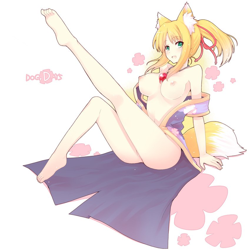 absurdres animal_ears bare_shoulders barefoot blonde_hair breasts dog_days fang fox_ears fox_tail green_eyes highres jewelry kamoto_tatsuya large_breasts leg_up long_legs nipples no_panties open_mouth pendant ponytail solo tail yukikaze_panettone