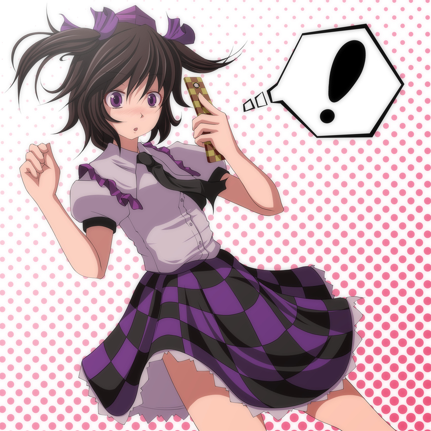 1girl bad_id bad_pixiv_id brown_hair cellphone checkered checkered_skirt hat highres himekaidou_hatate necktie phone purple_eyes s-syogo skirt solo tokin_hat touhou twintails