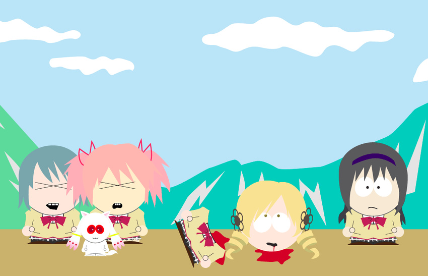 :3 akemi_homura bang_color black_hair blonde_hair blood blue_hair bow chibi closed_eyes cloud day death decapitation drill_hair frown hair_ornament hair_ribbon hairband kaname_madoka kyubey looking_at_viewer looking_up mahou_shoujo_madoka_magica miki_sayaka mountain multiple_girls open_mouth parody pink_hair red_eyes ribbon school_uniform severed_head short_twintails sky south_park spoilers style_parody tomoe_mami twin_drills twintails xo