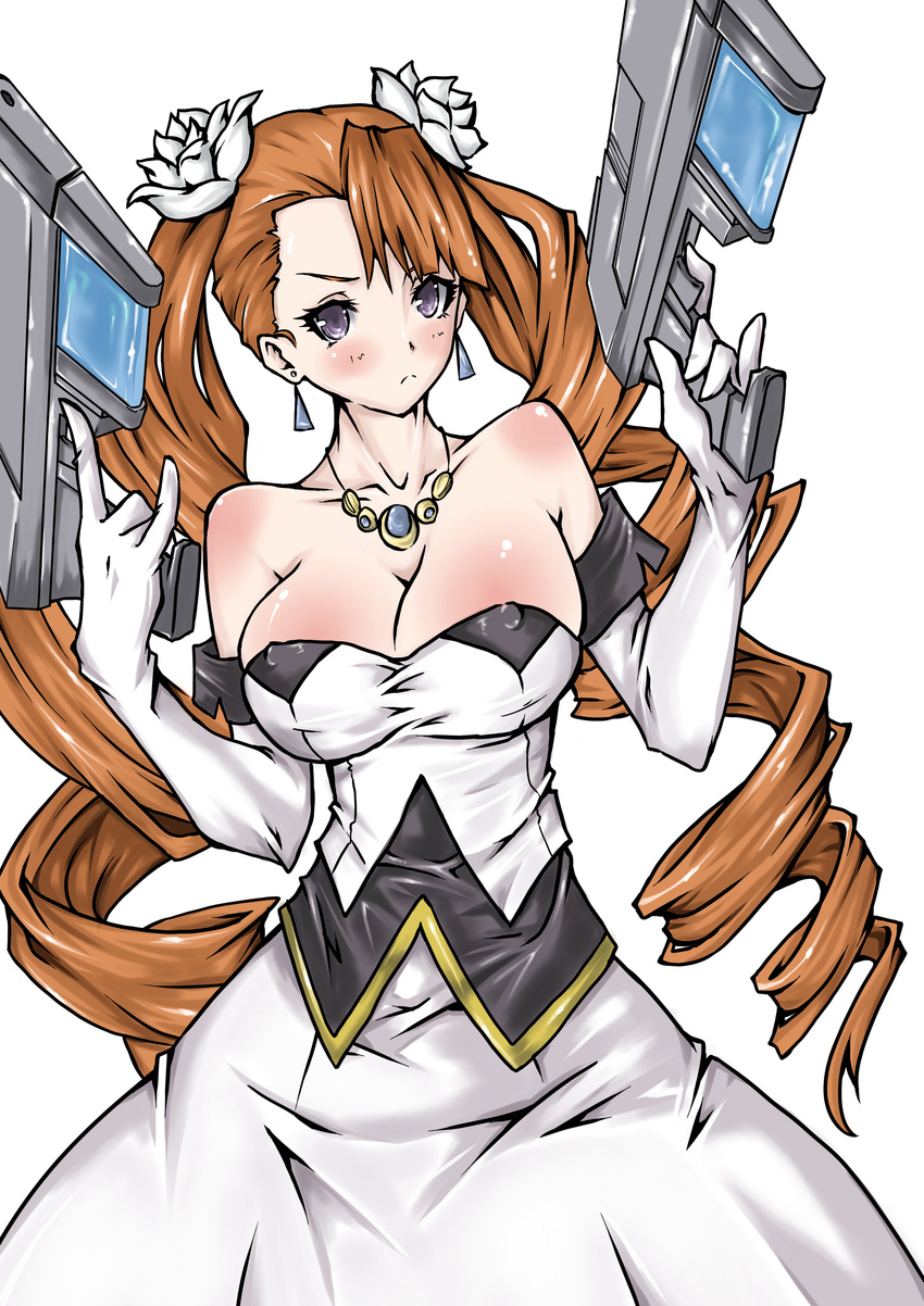 absurdres aq_interactive arcana_heart atlus blush breasts cleavage drill_hair earrings examu flower gloves gun hair_ornament highres jewelry long_hair makai necklace petra_johanna_lagerkvist purple_eyes very_long_hair weapon