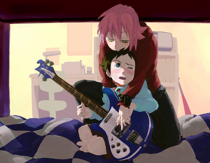 1girl aibi bad_id bad_pixiv_id bass_guitar blue_eyes brown_hair flcl haruhara_haruko instrument left-handed nandaba_naota one_eye_closed pink_hair rickenbacker short_hair yellow_eyes