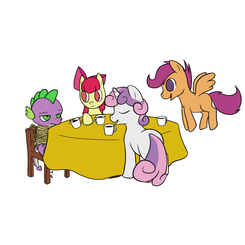 applebloom_(mlp) cub cutie_mark_crusaders_(mlp) dragon equine female feral friendship_is_magic group horn horse male mammal my_little_pony pegasus pony rope scalie scootaloo_(mlp) spike_(mlp) sweetie_belle_(mlp) tea unicorn unknown_artist wings young