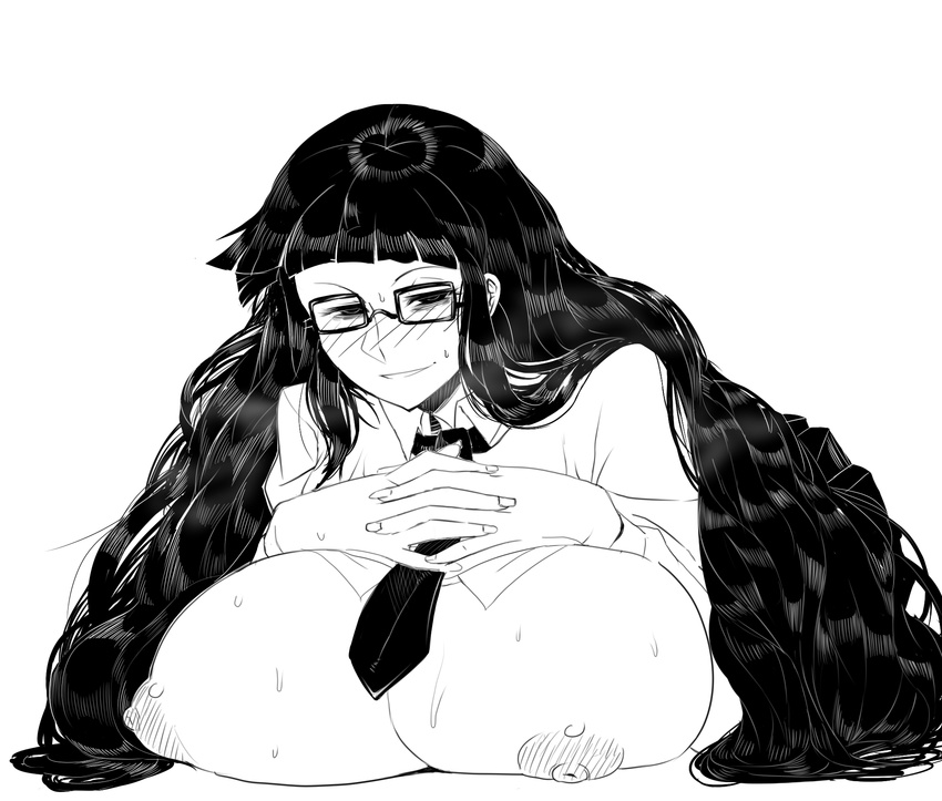 black_hair breast_rest breasts buchou_(houkago_play) glasses greyscale highres houkago_play huge_breasts long_hair matsuri_(araiyuutoo) monochrome necktie nipples solo very_long_hair