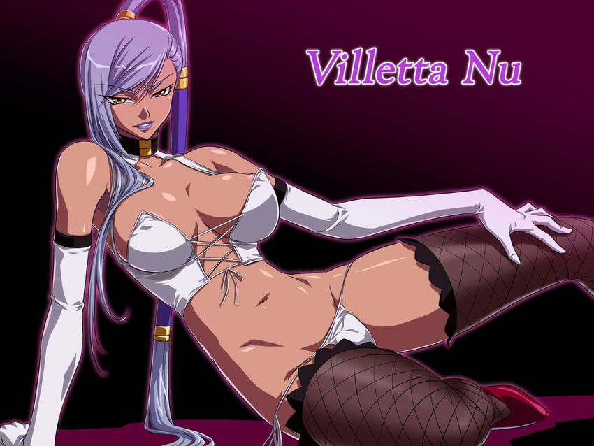 areola_slip areolae arm_support bangs bare_shoulders black_background black_legwear breasts breasts_apart bustier cameltoe character_name cleavage cleavage_cutout code_geass covered_nipples cross-laced_clothes dark_skin elbow_gloves fishnet_legwear fishnets front-tie_top gloves grey_hair grin groin hair_tubes halterneck hand_on_thigh high_heels high_ponytail highres kagami_hirotaka large_breasts lipstick long_hair looking_at_viewer lowleg lowleg_panties lying makeup naughty_face navel outline panties ponytail purple_lipstick reclining seductive_smile shadow shoes side-tie_panties sideboob sidelocks simple_background smile solo swept_bangs thighhighs turtleneck underwear underwear_only very_long_hair villetta_nu white_gloves white_panties wide_hips yellow_eyes