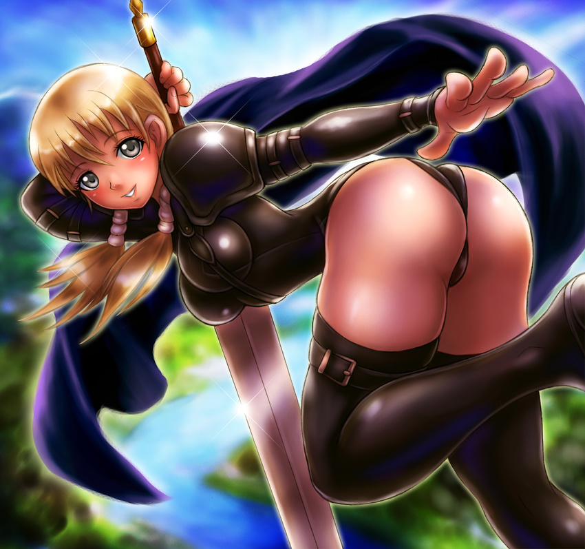 arm_strap arm_up armor ass bangs belt black_legwear blonde_hair blurry blush boken_fantasy braid breasts buckle cape claymore claymore_(sword) cloud cynthia_(claymore) day depth_of_field from_side garters glint grin hair_between_eyes hair_over_shoulder hair_tubes holding holding_weapon impossible_clothes impossible_leotard leg_up leotard lips long_hair looking_at_viewer looking_back low_twintails medium_breasts open_mouth over_shoulder pauldrons shoulder_pads silver_eyes sky smile solo sword thigh_strap thighhighs thighs twin_braids twintails water weapon weapon_over_shoulder wrist_straps