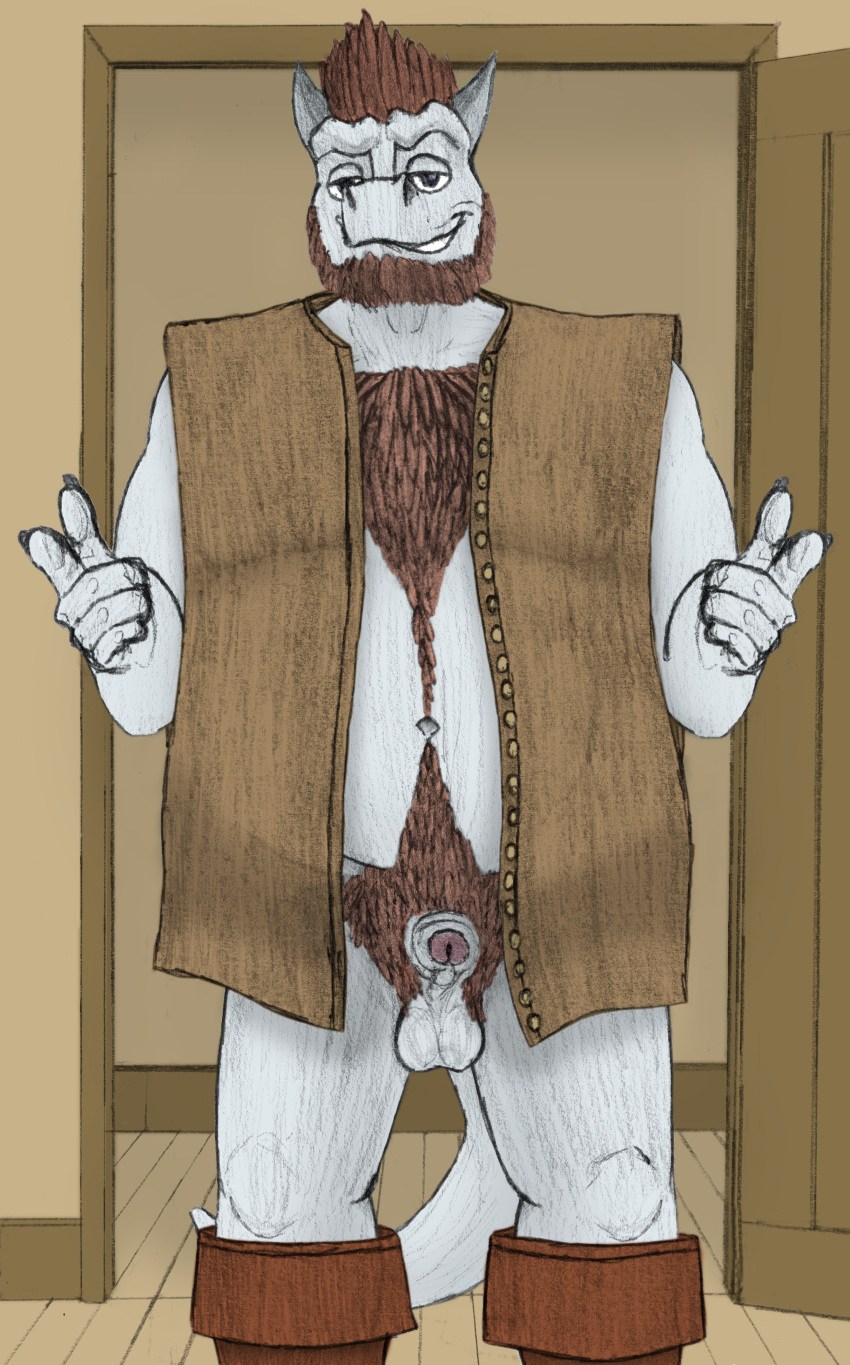 2019 5_fingers anthro arlin_oxer_(character) balls beard belly biped blue_eyes body_hair boots bottomless chest_hair claws clothed clothing detailed_background dragonborn dungeons_&amp;_dragons erection facial_hair feathers footwear foreskin front_view hair hi_res horn humanoid_hands humanoid_penis inside looking_at_viewer male matydraws_(artist) navel overweight overweight_male partially_retracted_foreskin penis plantigrade portrait pubes scales scalie smile smirk smug solo standing teeth three-quarter_portrait uncut vest