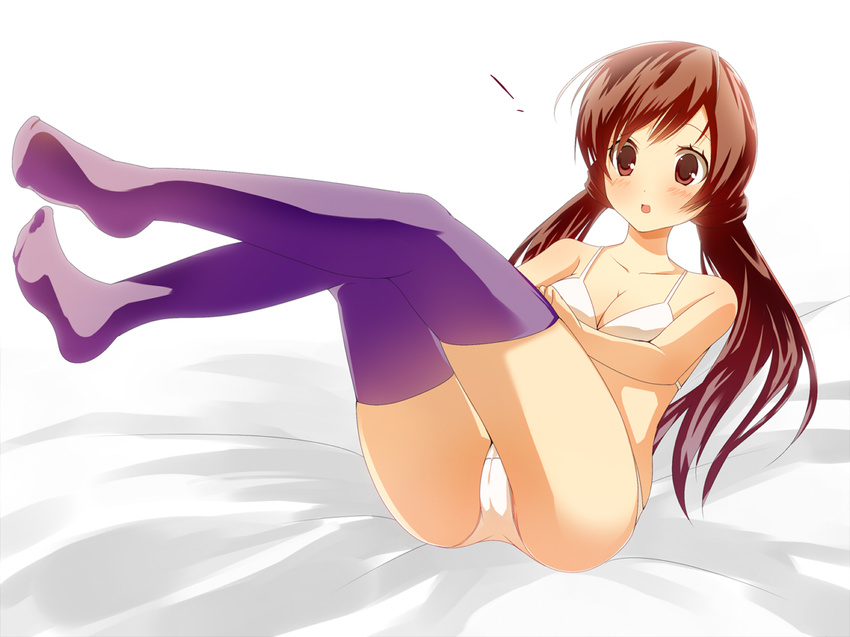 bad_id bad_pixiv_id bed blush bra breasts brown_eyes brown_hair cleavage legs lingerie long_hair long_legs medium_breasts open_mouth original panties ro_(61232ta) solo thighhighs thighs twintails underwear underwear_only white_panties