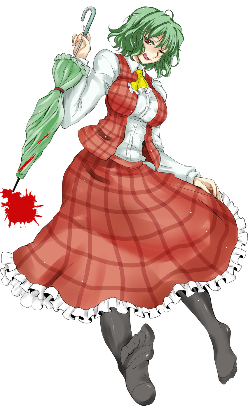 absurdres aoi_manabu blood breasts feet green_hair high_res kazami_yuuka large_breasts licking_lips oppai pantyhose red_hair solo tongue touhou transparent_background umbrella wink