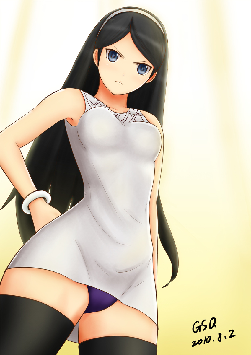 black_hair blue_eyes from_below frown hairband kumashiro_maya long_hair looking_down pantsu seikimatsu_occult_gakuin