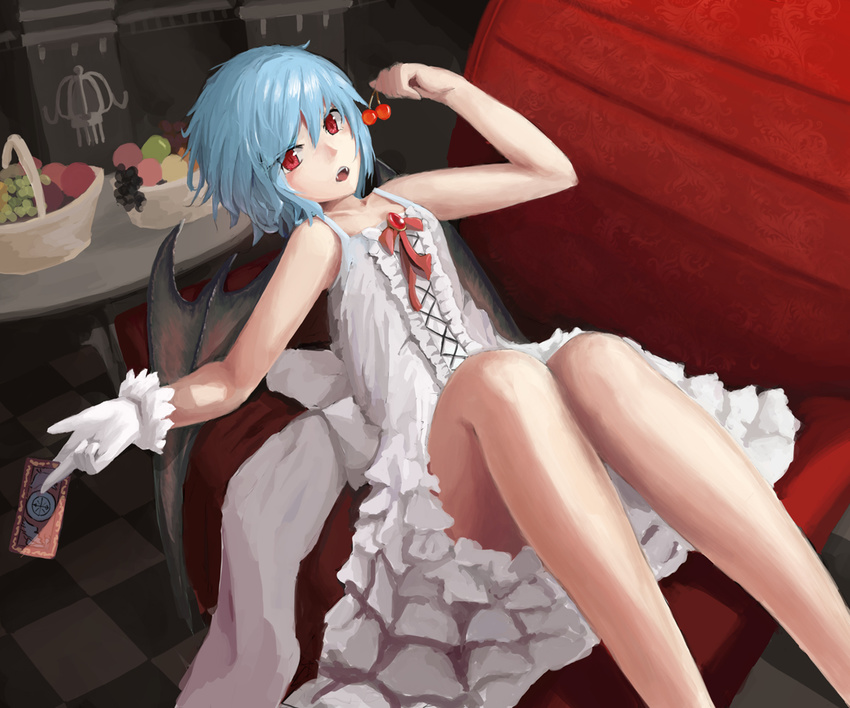 bare_shoulders blue_hair card chair cherry dress fangs food fruit gloves holding holding_card holding_food holding_fruit legs red_eyes remilia_scarlet solo touhou white_gloves wings zatsuon