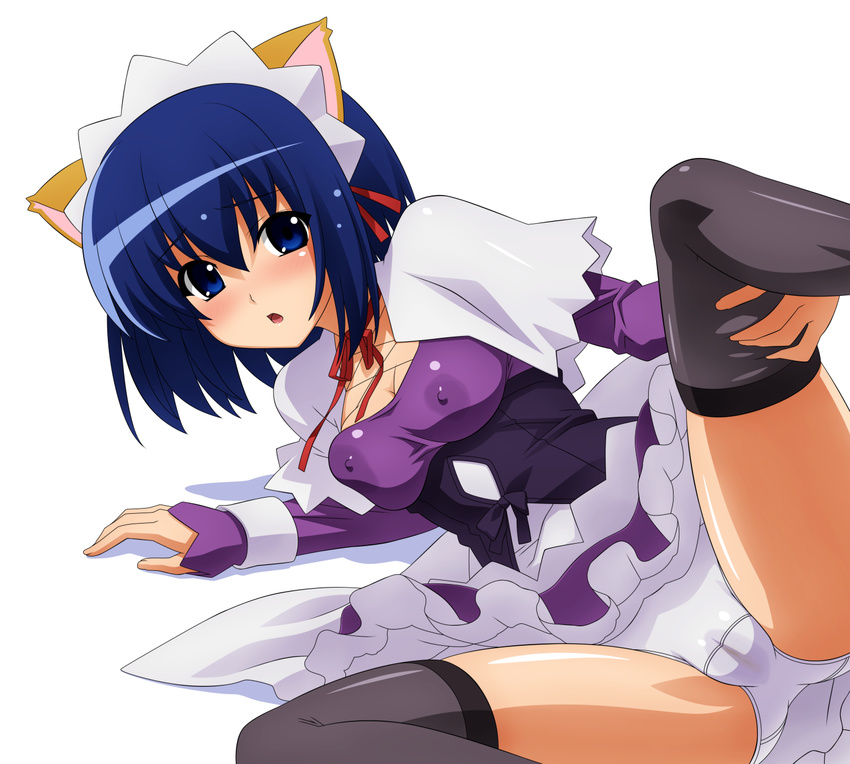 blue_eyes blue_hair blush choker cleavage erect_nipples frills kemonomimi kokubunji_koyori maid maid_headdress nekomimi nurse_witch_komugi-chan open_mouth over_drive pantsu short_hair solo spread_legs sugimura_tomokazu thighhighs wave_ride