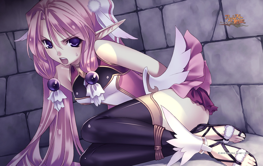 2010 agarest_senki agarest_senki_(series) angry bdsm black_legwear bondage bound company_name copyright_name ellis_(agarest_senki) game_cg hair_ornament highres hirano_katsuyuki long_hair miniskirt official_art open_mouth pink_hair pointy_ears purple_eyes sandals sidelocks skirt solo sweat thighhighs twintails