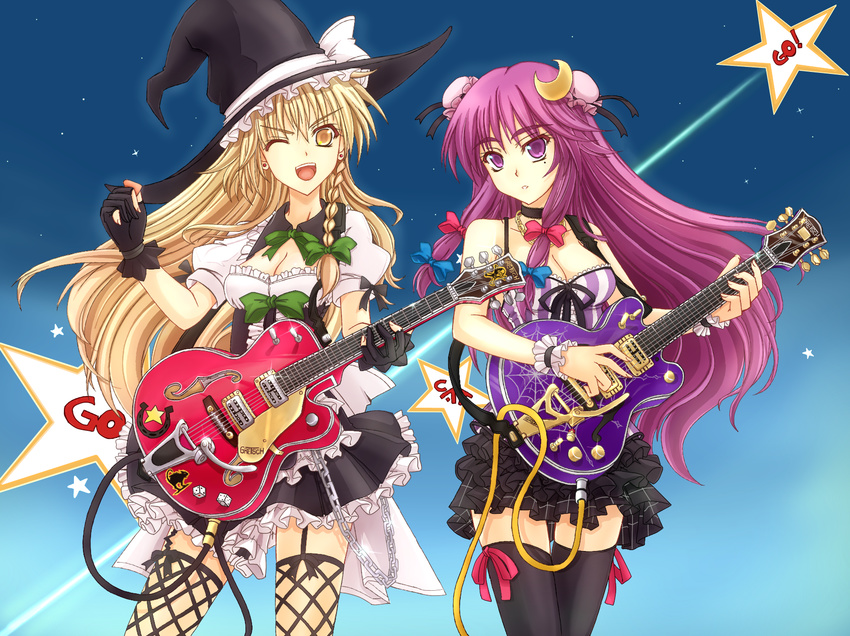 adapted_costume alternate_hairstyle bare_shoulders black_legwear blonde_hair bow braid breasts chain cleavage crescent crescent_hair_ornament dice double_bun fingerless_gloves gloves guitar hair_bow hair_ornament hat highres instrument kirisame_marisa long_hair medium_breasts mickey_dunn multiple_girls one_eye_closed patchouli_knowledge purple_eyes purple_hair silk single_braid skirt spider_web thighhighs touhou very_long_hair witch_hat wrist_cuffs yellow_eyes zettai_ryouiki