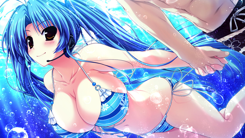 1girl air_bubble bikini blue blue_bikini blue_hair blush breasts brown_eyes bubble cleavage front-tie_top game_cg halterneck hayase_keiji headset holding_hands interlocked_fingers kamikaze_explorer! large_breasts long_hair navel okihara_kotoha oshiki_hitoshi side-tie_bikini string_bikini swimming swimsuit twintails underwater very_long_hair