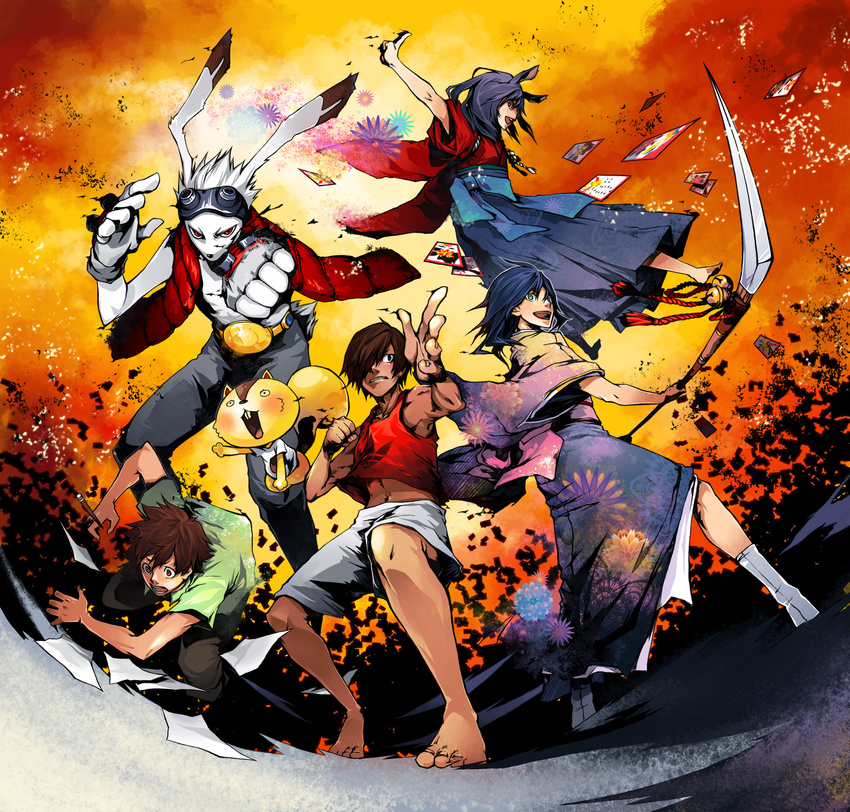 2girls barefoot black_hair blue_hair brown_eyes brown_hair fingerless_gloves gloves goggles goggles_on_head hair_over_one_eye hanafuda highres ikezawa_kazuma japanese_clothes king_kazuma koiso_kenji multiple_boys multiple_girls onisakiyoruka paper shinohara_natsuki summer_wars tank_top