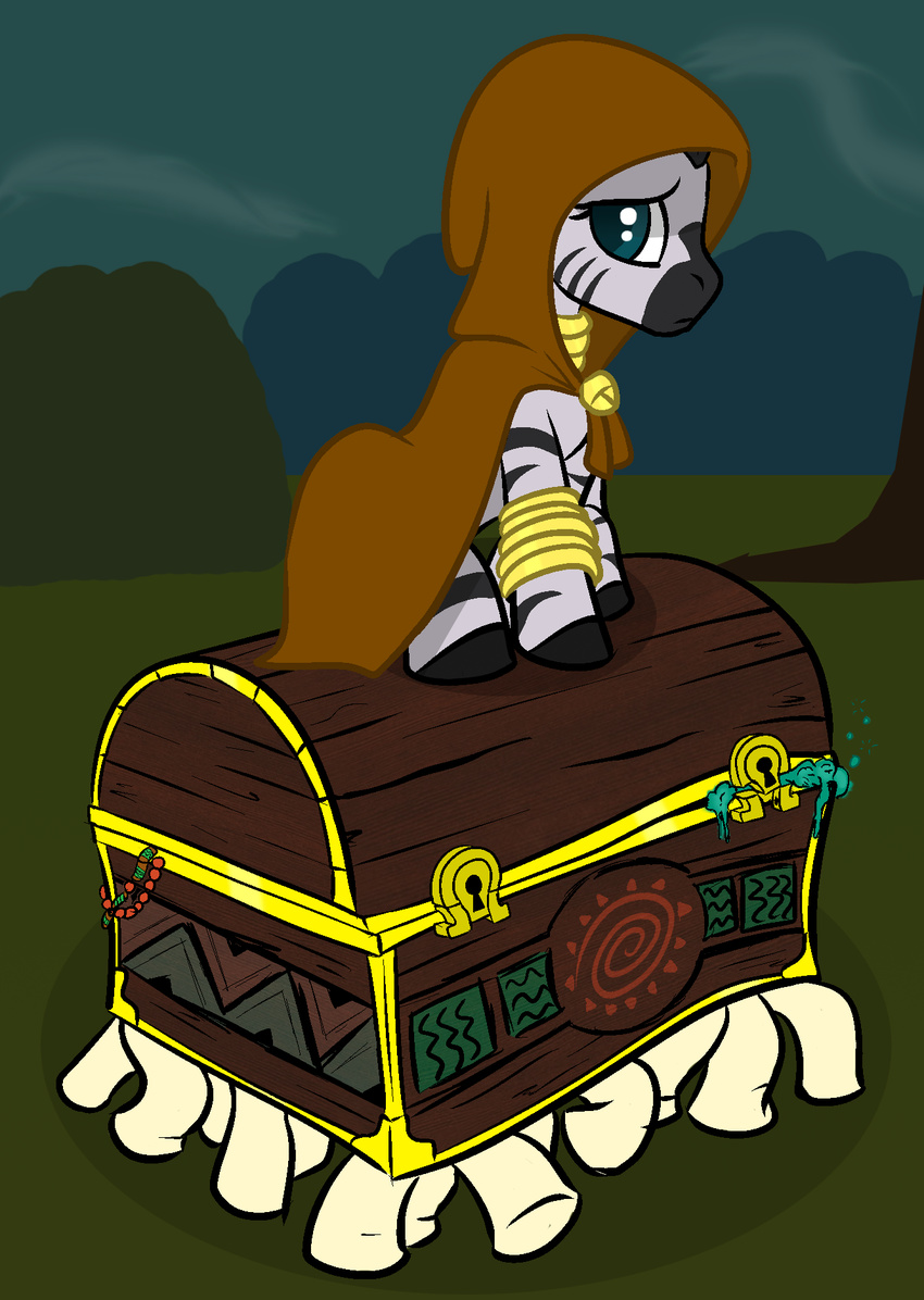 creature crossover discworld duo equine female feral friendship_is_magic looking_at_viewer luggage mammal my_little_pony okiedokielowkey outside sad sapient_pearwood sitting solo the_luggage toony treasure zebra zecora_(mlp)