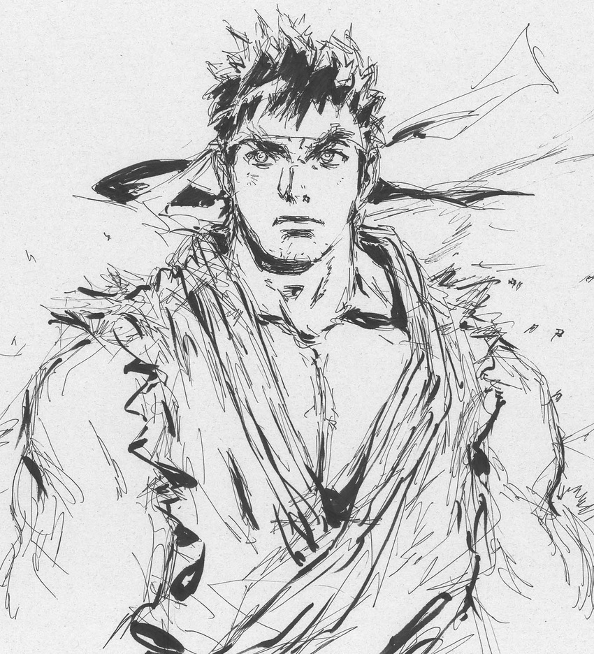 bandana black_hair greyscale highres male_focus monochrome muscle ryuu_(street_fighter) sketch solo street_fighter yasuda_akira