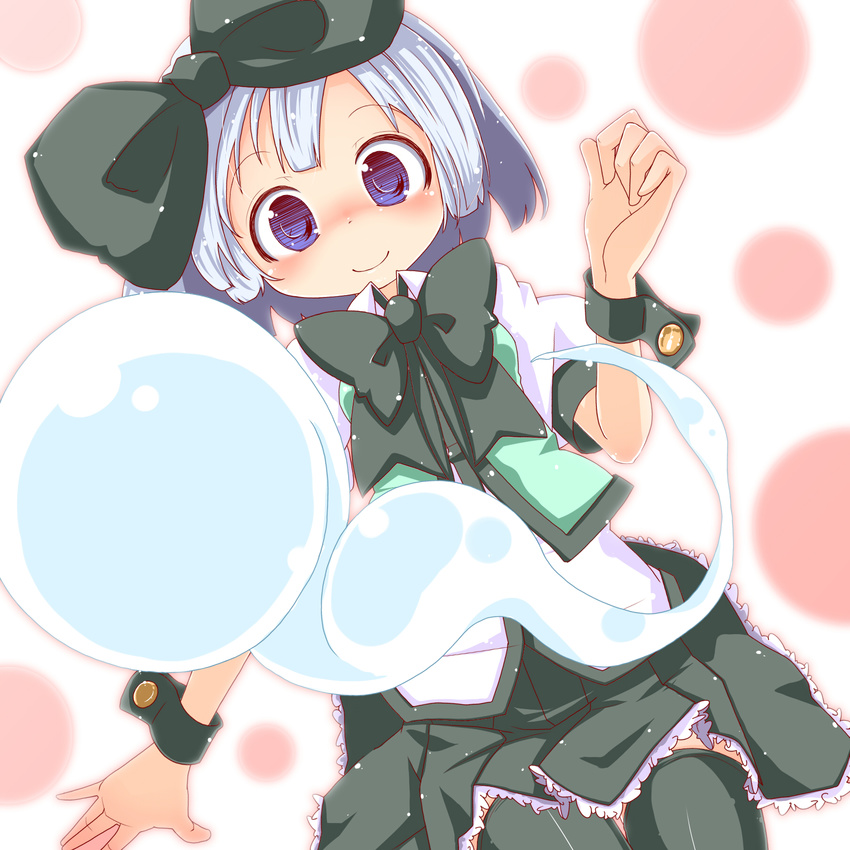 blue_eyes blush bow bowtie ghost green_legwear hair_bow highres hitodama konpaku_youmu konpaku_youmu_(ghost) short_hair silver_hair smile solo thighhighs touhou wrist_cuffs yofukashi