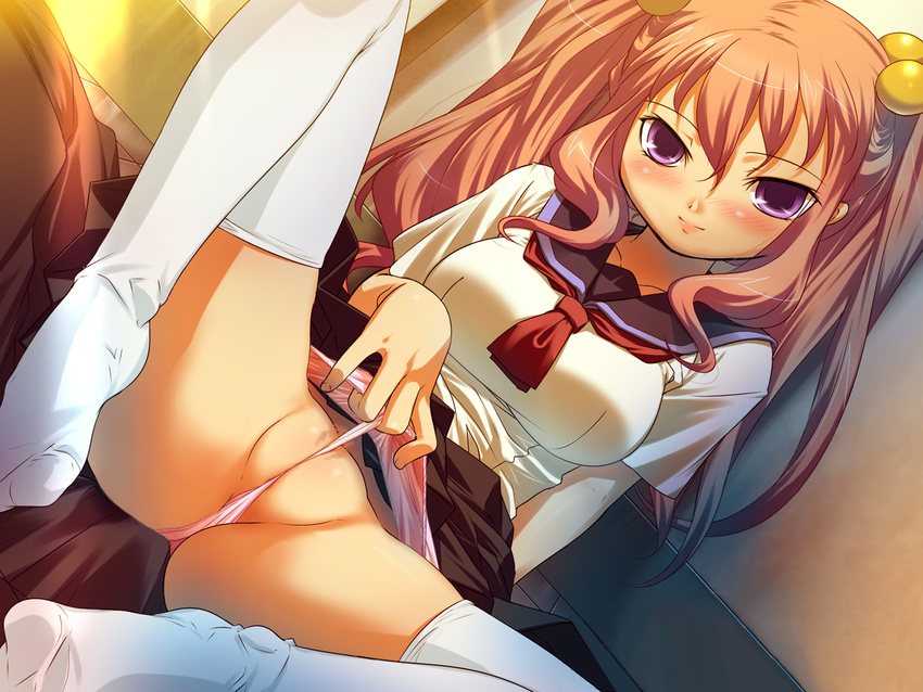 blush brown_hair character_request copyright_request game_cg hair_bobbles hair_ornament hikage_eiji long_hair panties panty_lift panty_pull pubic_hair purple_eyes pussy school_uniform sitting skirt skirt_lift smile spread_legs thighhighs twintails uncensored underwear wedgie