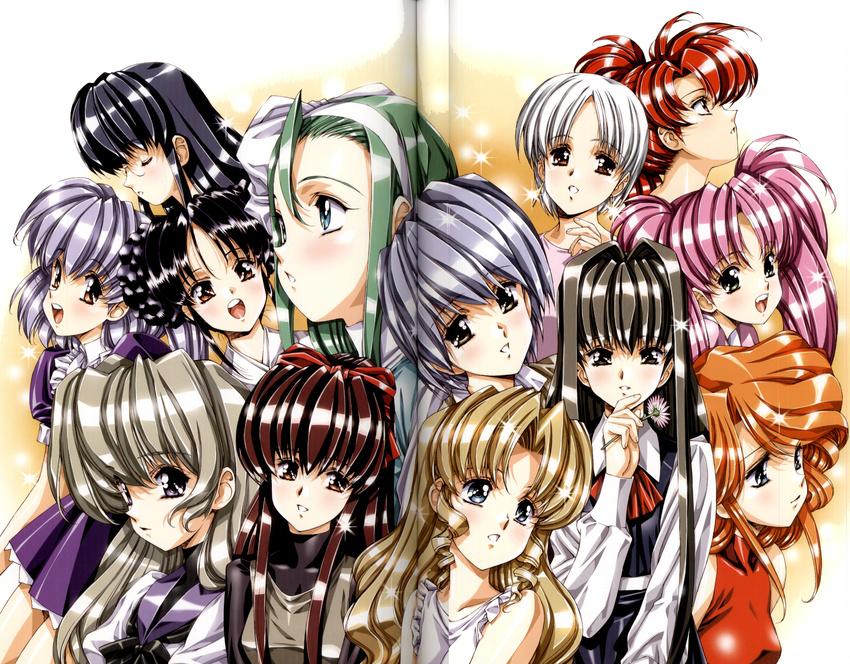 6+girls black_hair blonde blue_eyes braid brown_eyes brown_hair double_buns dress eyes_closed flower gray_hair green_hair hair_ribbon hairband long_hair maid megane multiple_girls open_mouth orange_hair pink_hair purple_eyes red_hair ribbon scanning_artifacts school_uniform serafuku shirt short_hair silver_hair smile sparkle twin_braids twin_tails urushihara_satoshi white_hair