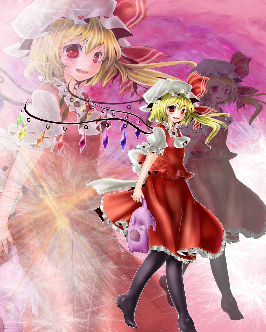 absurdres ascot bat_wings black_legwear blonde_hair broken crystal derivative_work flandre_scarlet hat highres mio_hisame open_mouth pantyhose red_eyes short_hair side_ponytail smile solo stuffed_animal stuffed_toy stuffing touhou wings zoom_layer
