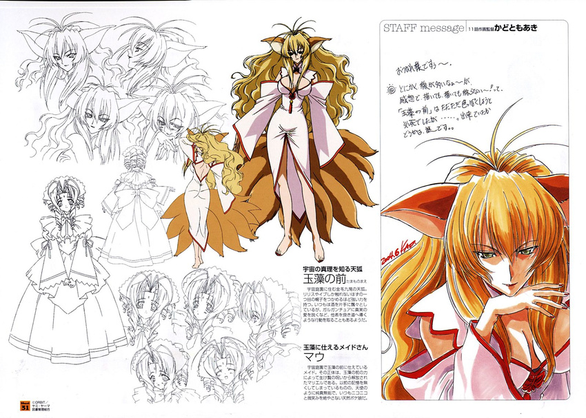 animal_ears artbook bow breasts character_sheet cleavage collage curly_hair detached_sleeves dress drill_hair fox_ears fox_tail highres kitsune kyuubi large_breasts lineart long_dress long_hair long_sleeves maid maid_headdress mariel_(yamibou) marker_(medium) multiple_girls multiple_tails multiple_views nishida_asako scan tail tamamo_no_mae traditional_media translation_request very_long_hair yami_to_boushi_to_hon_no_tabibito