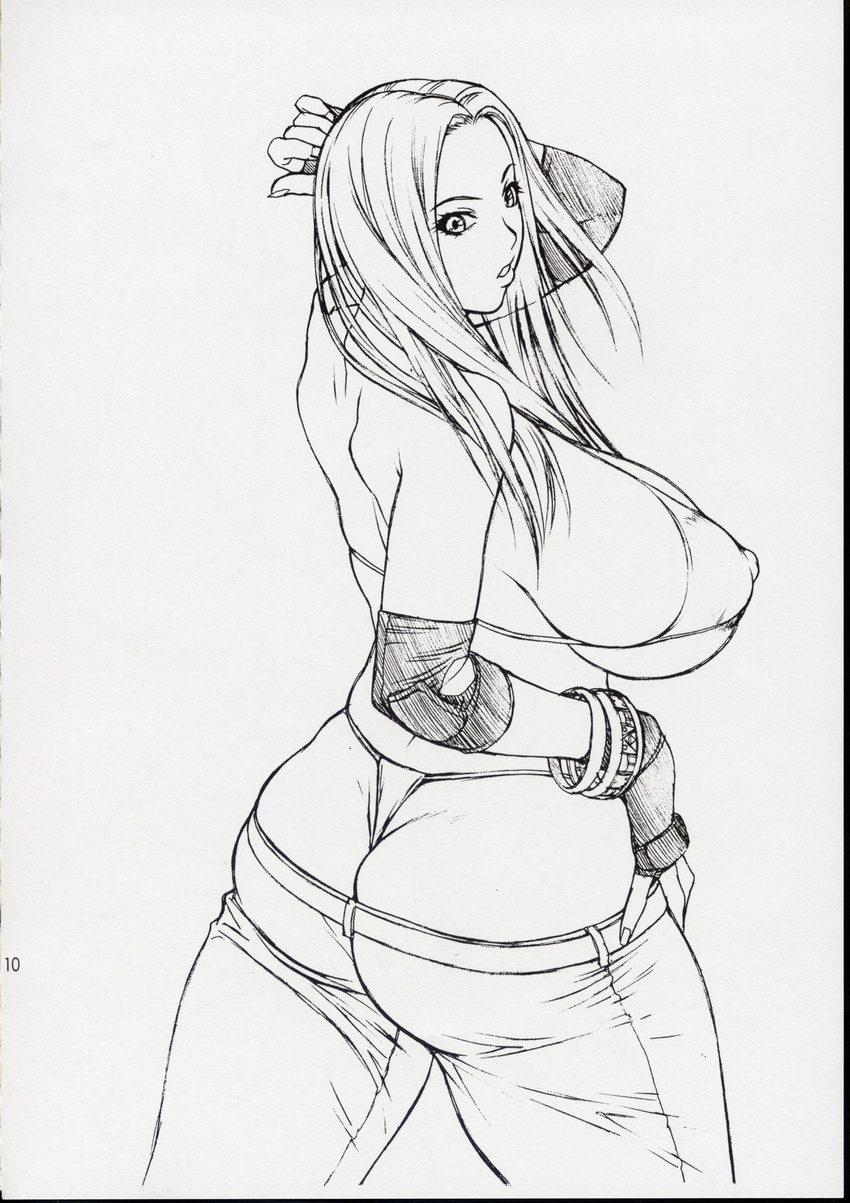 aisha_(rumble_roses) bracelet breasts covered_nipples curvy elbow_pads fingerless_gloves gloves greyscale highleg highleg_panties highres huge_breasts inoue_takuya jewelry long_hair monochrome nipples panties puffy_nipples rumble_roses solo thong underwear wristband