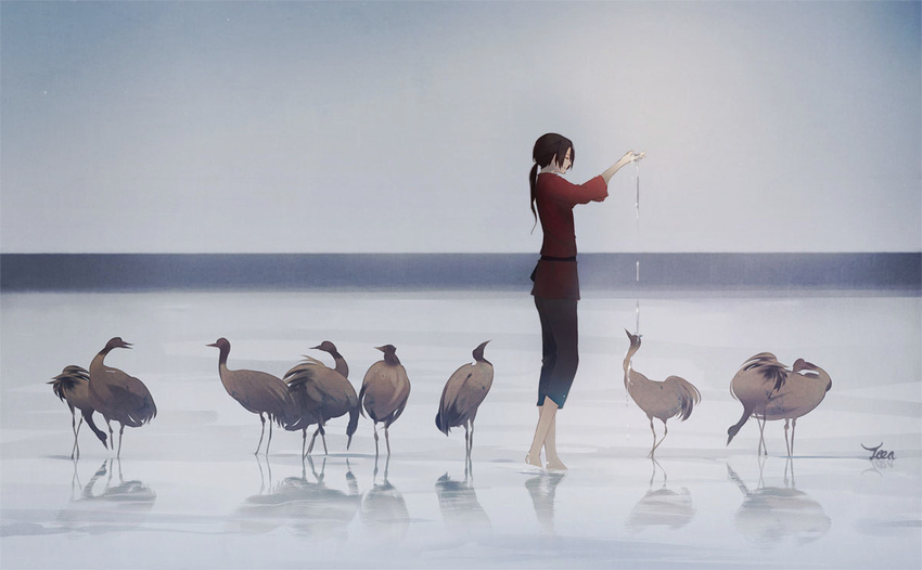 androgynous animal arm_up axis_powers_hetalia barefoot bird china_(hetalia) closed_eyes crane_(animal) flock male_focus ocean outstretched_arm pants ponytail reflection signature sky solo teen123 wading water