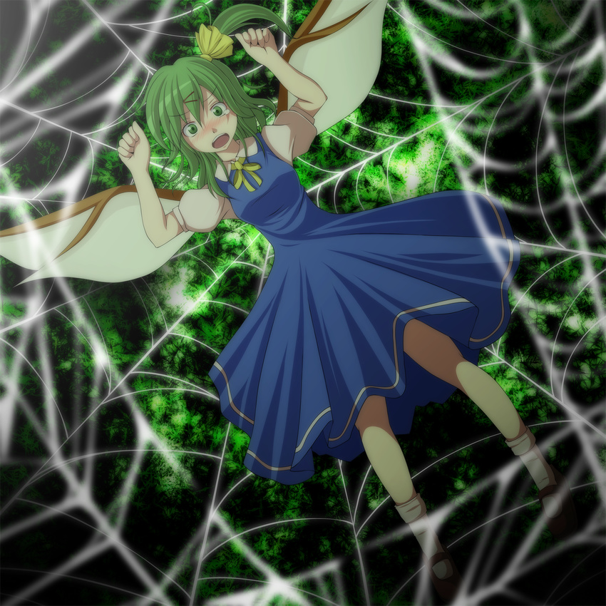 arms_up bad_id bad_pixiv_id blue_dress blush daiyousei dress green_eyes green_hair hair_ornament hair_ribbon hairpin highres open_mouth ribbon s-syogo side_ponytail silk solo spider_web stuck tears touhou wings