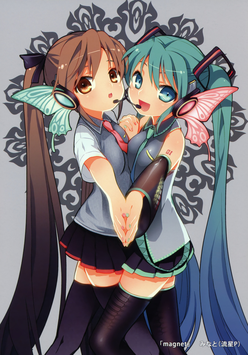 friendly_sky hatsune_miku magnet_(vocaloid) neko_sakana symmetrical_docking thighhighs vocaloid