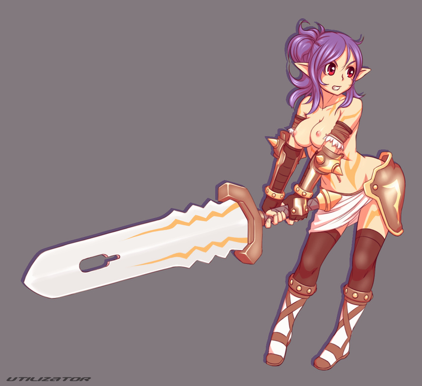 angry armor breasts clenched_teeth hips pointy_ears purple_hair sword teeth topless utilizator weapon