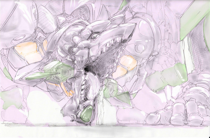 graphite_(medium) highres koukaku mecha mixed_media mouth neon_genesis_evangelion no_humans open_mouth size_difference sketch traditional_media