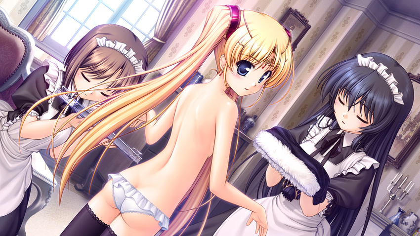 aiyoku_no_eustia bekkankou blonde dressing game_cg licia_de_novus_yurii maid pantsu thighhighs topless twin_tails