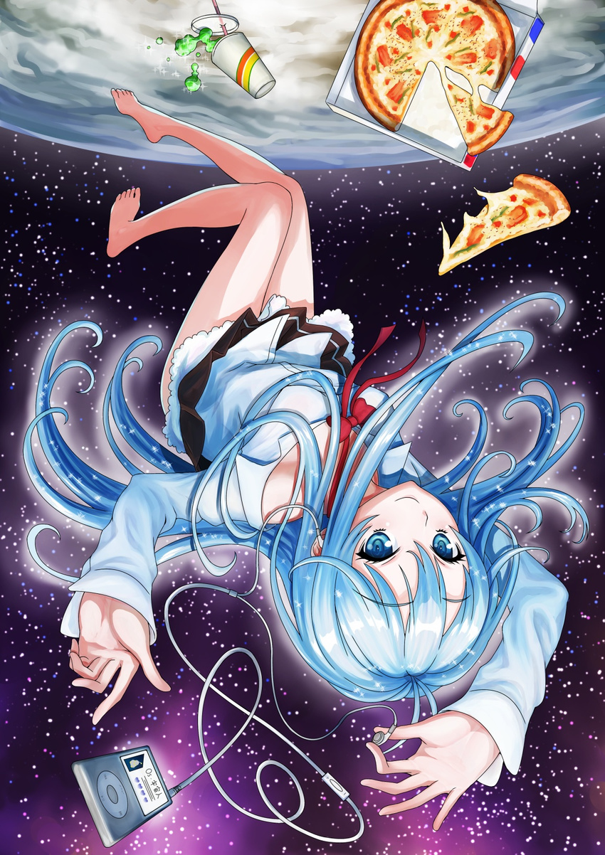 barefoot blue_eyes blue_hair cup denpa_onna_to_seishun_otoko digital_media_player earth face feet floating food foreshortening frills hands highres ipod kyodairobo long_hair looking_at_viewer miniskirt pizza pizza_box pleated_skirt product_placement skirt solo space sparkle star_(sky) toes touwa_erio upside-down very_long_hair