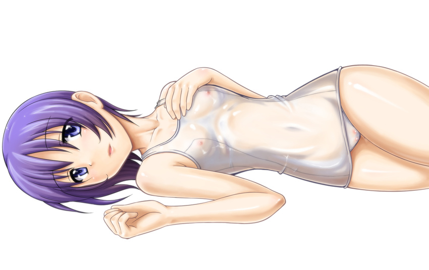 ardnades blue_eyes blue_hair flat_chest lying one-piece_swimsuit original school_swimsuit see-through short_hair solo swimsuit white_school_swimsuit white_swimsuit