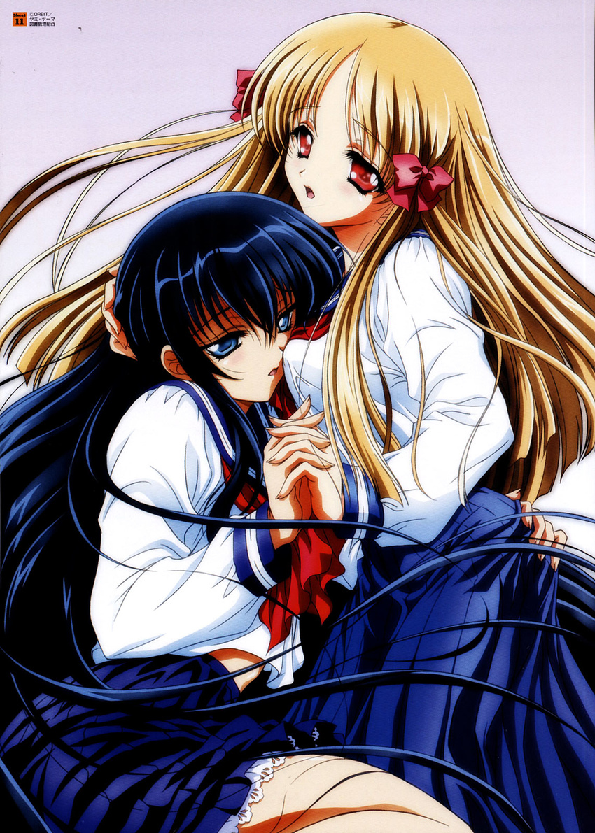 artbook ass ass_grab azuma_hatsumi azuma_hazuki blonde_hair blue_hair couple grabbing_another's_ass groping highres hug long_hair multiple_girls nishida_asako pleated_skirt scan scan_artifacts school_uniform serafuku simple_background skirt touching very_long_hair yami_to_boushi_to_hon_no_tabibito yuri