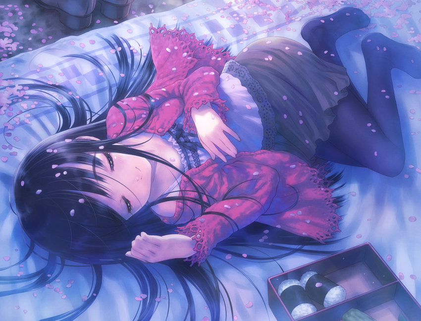 absurdres black_hair black_legwear blanket camisole cardigan cherry_blossoms closed_eyes feet food goto_p hanami hands highres huge_filesize lace long_hair long_sleeves lying night no_shoes obentou original outdoors pantyhose petals shoes_removed skirt sleeping smile solo