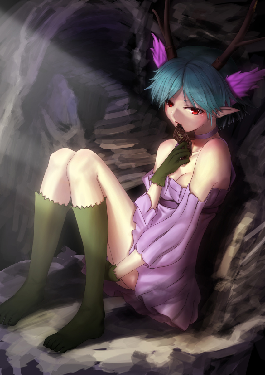 c_(control) exxe green_hair head_wings highres horns q_(control) red_eyes short_hair sitting solo