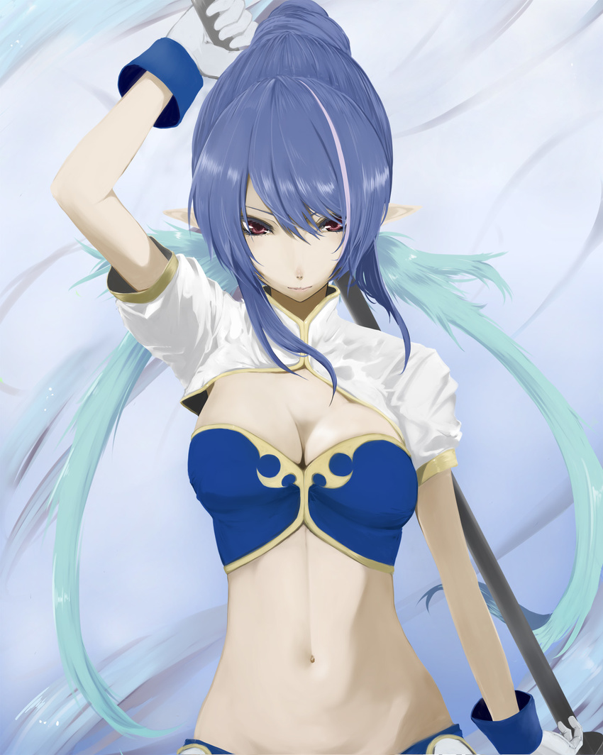 blue_hair breasts gloves highres judith long_hair medium_breasts midriff navel pointy_ears red_eyes simon_(n.s_craft) solo tales_of_(series) tales_of_vesperia